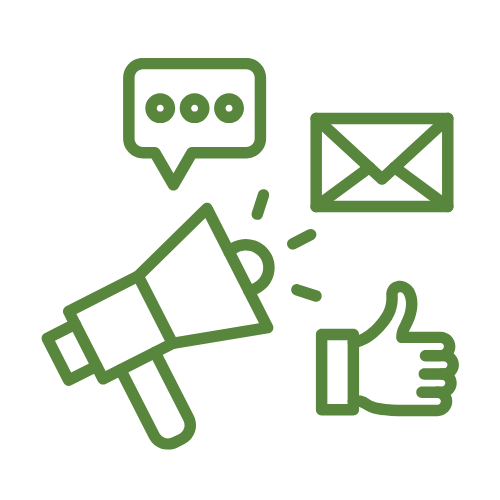 Green icon of a megaphone, speech bubble, email envelope, and thumbs-up representing comprehensive digital marketing services.