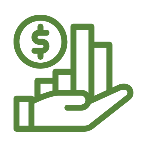 Green icon of an open hand supporting an ascending bar graph next to a dollar sign coin, symbolizing financial growth and wealth management.