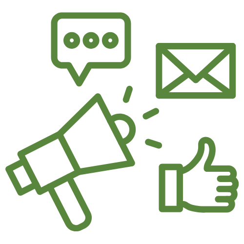 Green icon of a megaphone, chat bubble, email envelope, and thumbs up, representing professional marketing assistance and business promotion services
