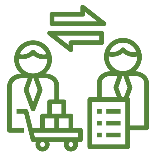 Line art icon of two businesspeople exchanging goods and purchase orders, representing strategic procurement solutions.