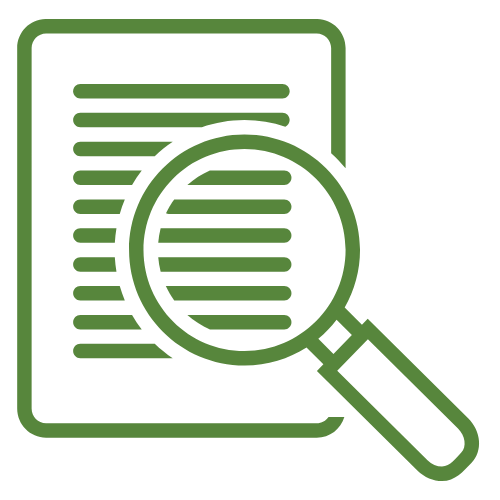 Green icon of a magnifying glass over a document, symbolizing business financial audit and document review services.